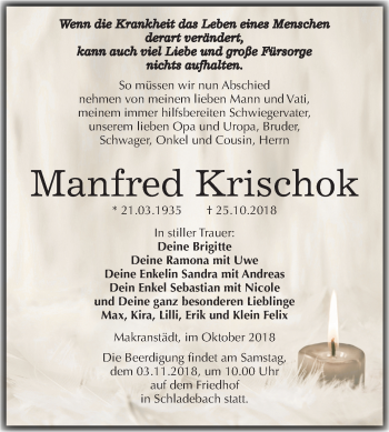 Traueranzeige von Manfred Krischok von Mitteldeutsche Zeitung Merseburg/Querfurt