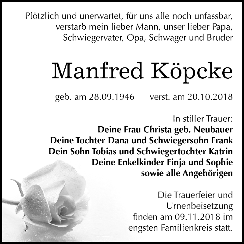  Traueranzeige für Manfred Köpcke vom 30.10.2018 aus Mitteldeutsche Zeitung Aschersleben
