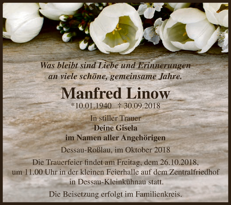  Traueranzeige für Manfred Linow vom 06.10.2018 aus WVG - Wochenspiegel Dessau / Köthen