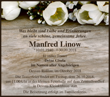 Traueranzeige von Manfred Linow von WVG - Wochenspiegel Dessau / Köthen
