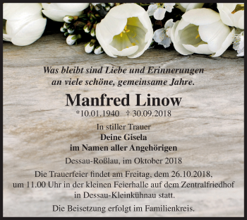 Traueranzeige von Manfred Linow von Mitteldeutsche Zeitung Dessau-Roßlau