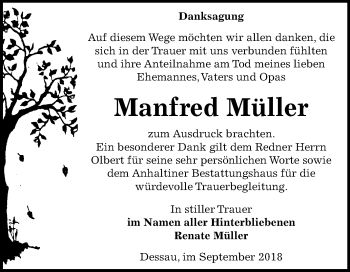 Traueranzeige von Manfred Müller von Mitteldeutsche Zeitung Dessau-Roßlau