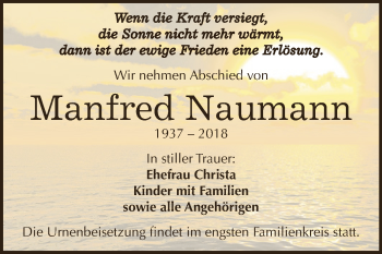 Traueranzeige von Manfred Naumann von WVG - Wochenspiegel NMB / WSF / ZTZ