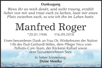 Traueranzeige von Manfred Roger von Super Sonntag Wittenberg