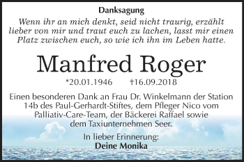 Traueranzeige von Manfred Roger von Mitteldeutsche Zeitung
