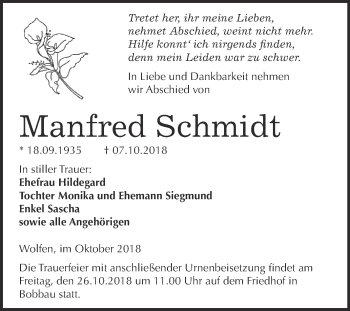 Traueranzeige von Manfred Schmidt von WVG - Wochenspiegel Bitterfeld