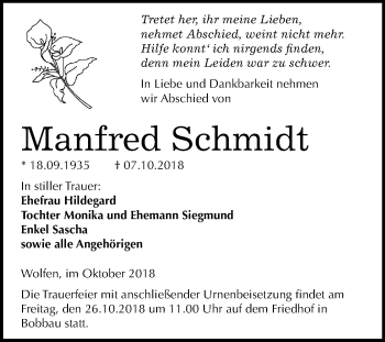 Traueranzeige von Manfred Schmidt von Mitteldeutsche Zeitung Bitterfeld