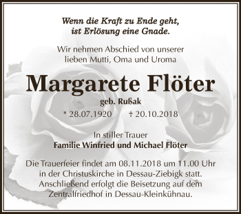 Traueranzeige von Margarete Flöter von WVG - Wochenspiegel Dessau / Köthen