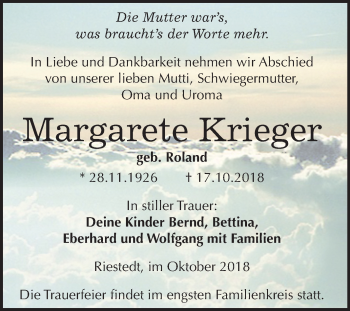 Traueranzeige von Margarete Krieger von Mitteldeutsche Zeitung Sangerhausen
