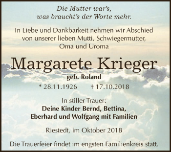 Traueranzeige von Margarete Krieger von WVG - Wochenspiegel SGH