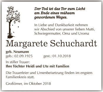 Traueranzeige von Margarete Schuchardt von Wochenspiegel Mansfelder Land
