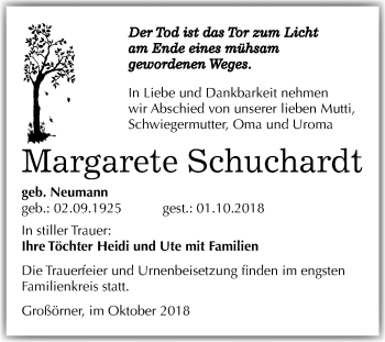Traueranzeige von Margarete Schuchardt von Mitteldeutsche Zeitung