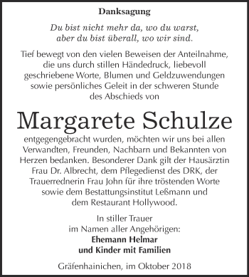 Traueranzeige von Margarete Schulze von WVG - Wochenspiegel Wittenberg