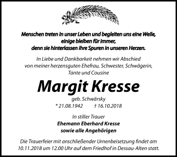 Traueranzeige von Margit Kresse von Mitteldeutsche Zeitung Dessau-Roßlau