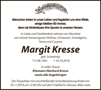 Traueranzeige von Margit Kresse von WVG - Wochenspiegel Dessau / Köthen