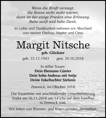 Traueranzeige von Margit Nitsche von Mitteldeutsche Zeitung