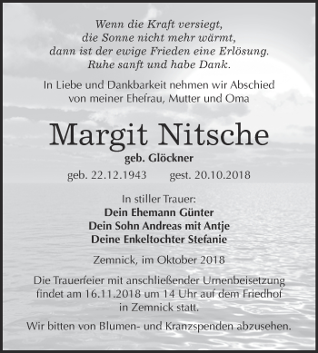 Traueranzeige von Margit Nitsche von Super Sonntag Wittenberg
