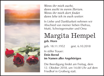 Traueranzeige von Margita Hempel von Mitteldeutsche Zeitung