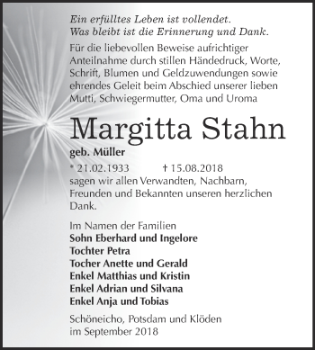Traueranzeige von Margitta Stahn von Super Sonntag Wittenberg