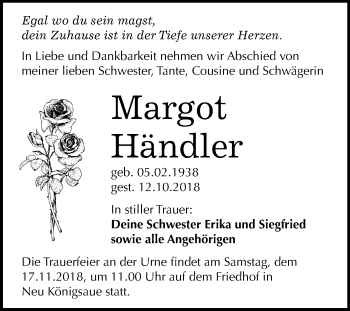 Traueranzeige von Margot Händler von Mitteldeutsche Zeitung Aschersleben
