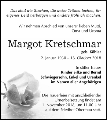 Traueranzeige von Margot Kretschmar von WVG - Wochenspiegel Merseburg