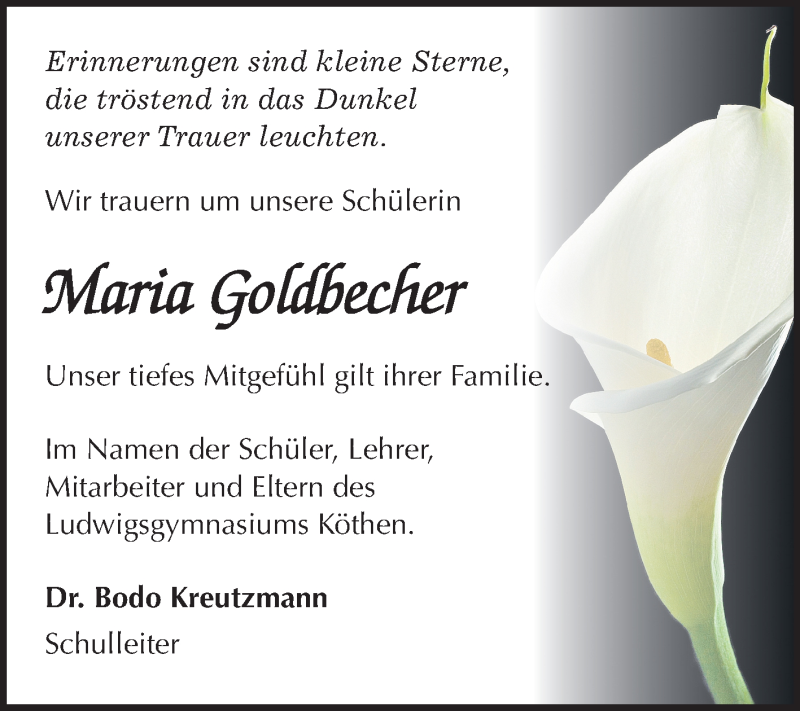  Traueranzeige für Maria Goldbecher vom 20.10.2018 aus Mitteldeutsche Zeitung Köthen