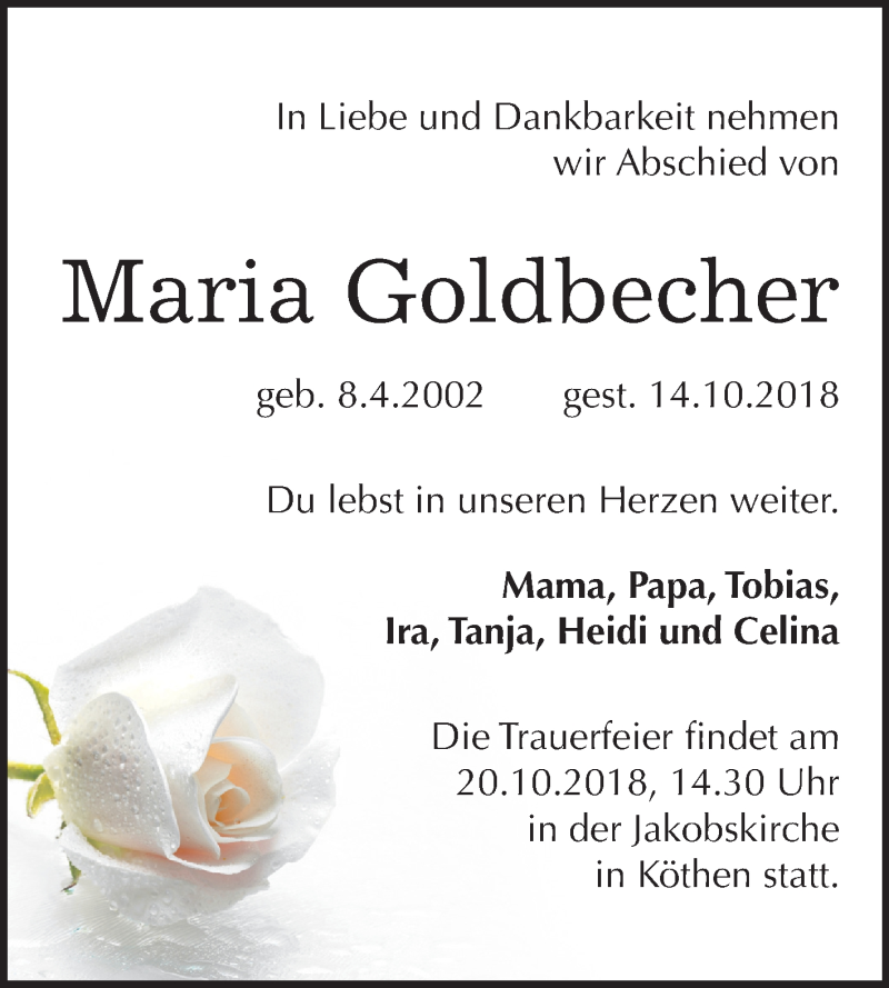  Traueranzeige für Maria Goldbecher vom 20.10.2018 aus Mitteldeutsche Zeitung Köthen