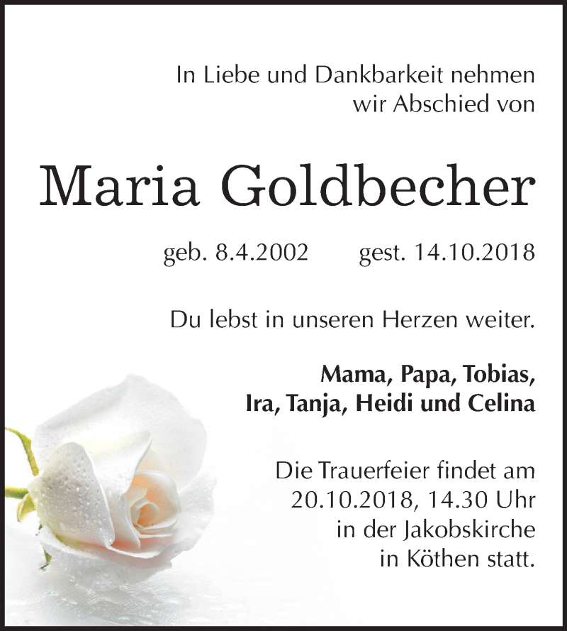  Traueranzeige für Maria Goldbecher vom 17.10.2018 aus Mitteldeutsche Zeitung Bitterfeld