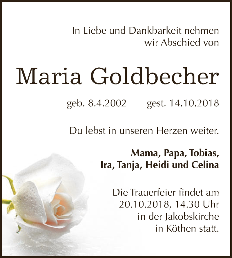  Traueranzeige für Maria Goldbecher vom 20.10.2018 aus WVG - Wochenspiegel Dessau / Köthen