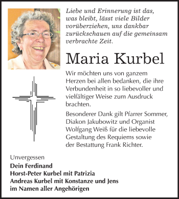 Traueranzeige von Maria Kurbel von Mitteldeutsche Zeitung Sangerhausen