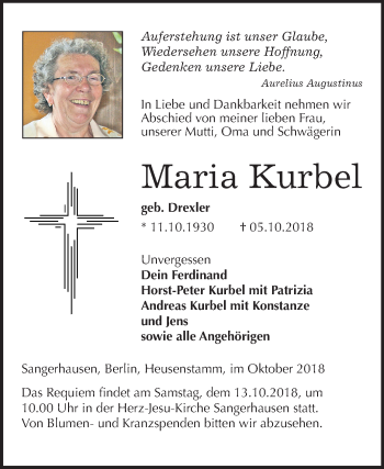 Traueranzeige von Maria Kurbel von Mitteldeutsche Zeitung Sangerhausen