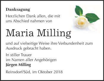 Traueranzeige von Maria Milling von Super Sonntag Wittenberg