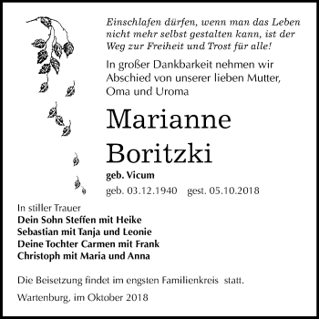 Traueranzeige von Marianne Boritzki von Mitteldeutsche Zeitung