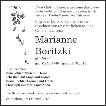 Traueranzeige von Marianne Boritzki von Super Sonntag Wittenberg