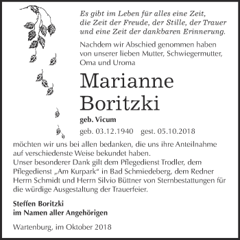 Traueranzeige von Marianne Boritzki von Super Sonntag Wittenberg