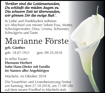 Traueranzeige von Marianne Förste von Mitteldeutsche Zeitung Merseburg/Querfurt