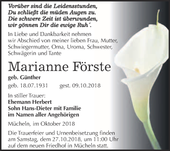 Traueranzeige von Marianne Förste von WVG - Wochenspiegel Merseburg