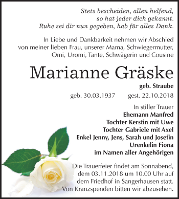 Traueranzeige von Marianne Gräske von Mitteldeutsche Zeitung Sangerhausen