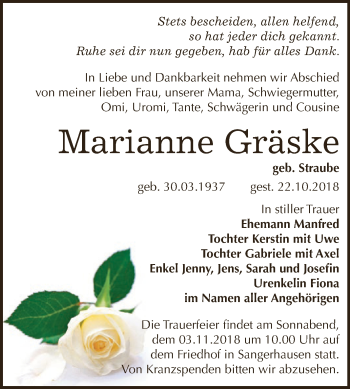 Traueranzeige von Marianne Gräske von Super Sonntag SGH Mansf. Land