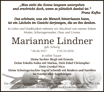Traueranzeige von Marianne Lindner von WVG - Wochenspiegel Dessau / Köthen