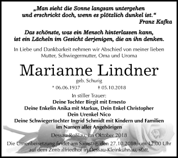 Traueranzeige von Marianne Lindner von Mitteldeutsche Zeitung Dessau-Roßlau