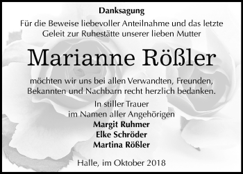 Traueranzeige von Marianne Rößler von Mitteldeutsche Zeitung Halle/Saalkreis