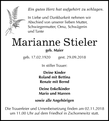 Traueranzeige von Marianne Stieler von WVG - Wochenspiegel Wittenberg