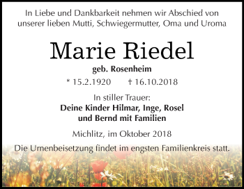 Traueranzeige von Marie Riedel von Super Sonntag Merseburg