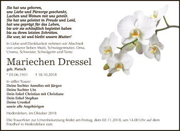 Traueranzeige von Mariechen Dressel von Super Sonntag SGH Mansf. Land