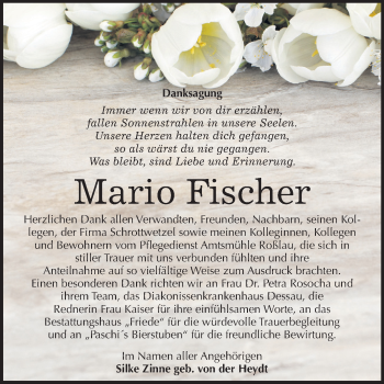 Traueranzeige von Mario Fischer von Mitteldeutsche Zeitung Dessau-Roßlau