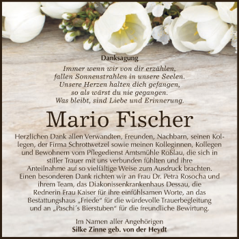 Traueranzeige von Mario Fischer von WVG - Wochenspiegel Dessau / Köthen