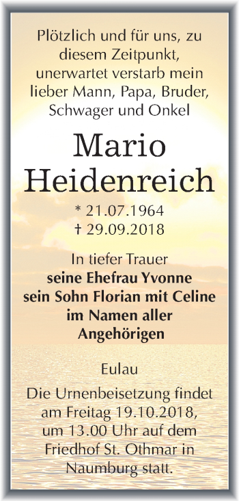 Traueranzeige von Mario Heidenreich von Mitteldeutsche Zeitung