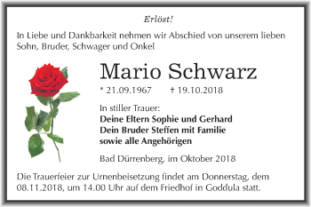 Traueranzeige von Mario Schwarz von Mitteldeutsche Zeitung Merseburg/Querfurt