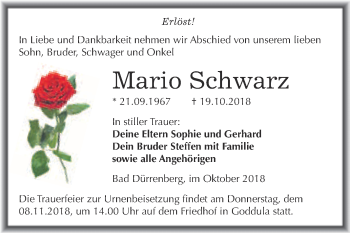 Traueranzeige von Mario Schwarz von Super Sonntag Merseburg